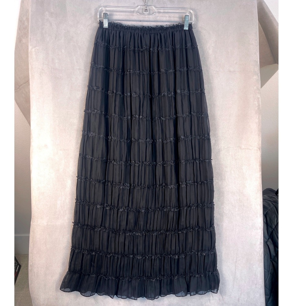 Black Tiered Maxi Skirt Lace Trim Pleated Crinkle Gothic Boho Long Skirt